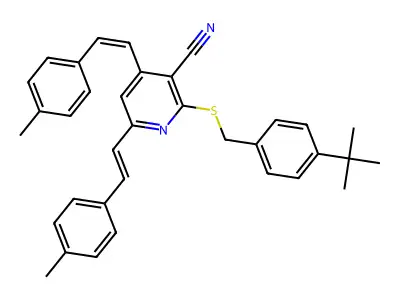 2-{[4-(tert-butyl)benzyl]sulfanyl}-4,6-bis(4-methylstyryl)nicotinonitrile structure