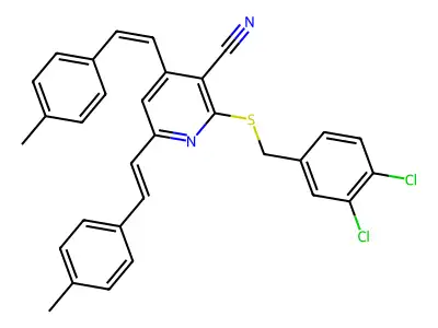 2-[(3,4-dichlorobenzyl)sulfanyl]-4,6-bis(4-methylstyryl)nicotinonitrile structure