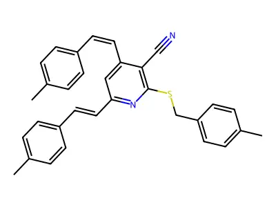 2-[(4-methylbenzyl)sulfanyl]-4,6-bis(4-methylstyryl)nicotinonitrile structure
