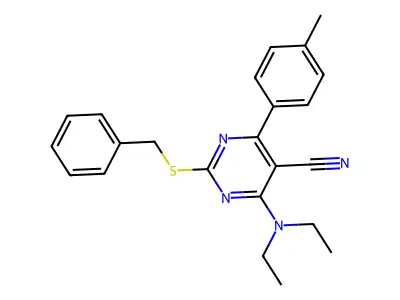 2-(Benzylsulfanyl)-4-(diethylamino)-6-(4-methylphenyl)-5-pyrimidinecarbonitrile structure