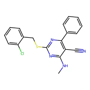 2-[(2-Chlorobenzyl)sulfanyl]-4-(methylamino)-6-phenyl-5-pyrimidinecarbonitrile structure