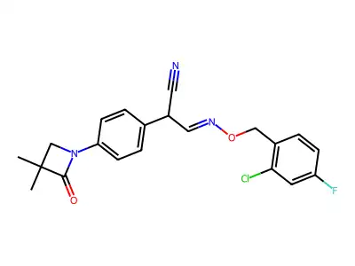 3-[(2-chloro-4-fluorophenyl)methoxyimino]-2-[4-(3,3-dimethyl-2-oxoazetidin-1-yl)phenyl]propanenitrile structure