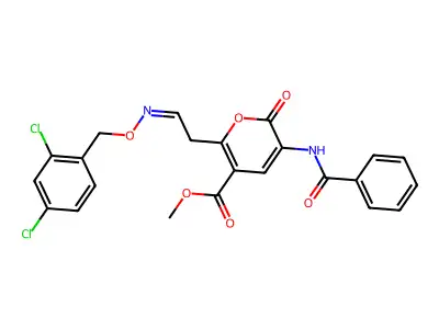 methyl 5-benzamido-2-[2-[(2,4-dichlorophenyl)methoxyimino]ethyl]-6-oxopyran-3-carboxylate structure