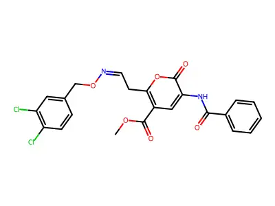 Methyl 5-benzamido-2-[2-[(3,4-dichlorophenyl)methoxyimino]ethyl]-6-oxo-pyran-3-carboxylate structure