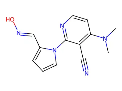 4-(dimethylamino)-2-{2-[(hydroxyimino)methyl]-1H-pyrrol-1-yl}pyridine-3-carbonitrile structure