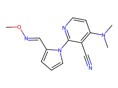 4-(dimethylamino)-2-{2-[(methoxyimino)methyl]-1H-pyrrol-1-yl}nicotinonitrile structure