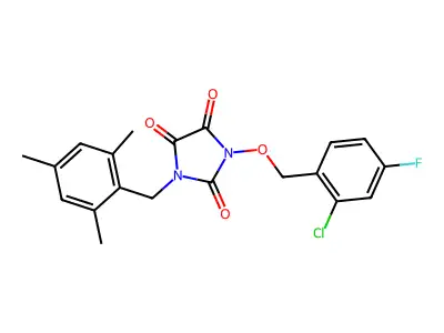 1-[(2-chloro-4-fluorophenyl)methoxy]-3-[(2,4,6-trimethylphenyl)methyl]imidazolidine-2,4,5-trione structure