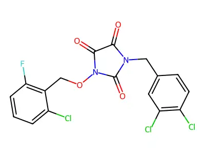 1-[(2-chloro-6-fluorophenyl)methoxy]-3-[(3,4-dichlorophenyl)methyl]imidazolidine-2,4,5-trione structure