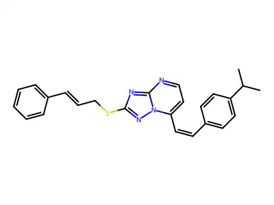 7-(4-isopropylstyryl)-2-[(3-phenyl-2-propenyl)sulfanyl][1,2,4]triazolo[1,5-a]pyrimidine structure