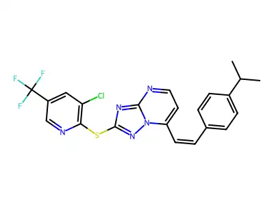 2-[3-chloro-5-(trifluoromethyl)pyridin-2-yl]sulfanyl-7-[2-(4-propan-2-ylphenyl)ethenyl]-[1,2,4]triazolo[1,5-a]pyrimidine structure