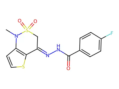 4-fluoro-N-[(1-methyl-2,2-dioxothieno[3,2-c]thiazin-4-ylidene)amino]benzamide structure