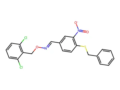 1-(4-benzylsulfanyl-3-nitrophenyl)-N-[(2,6-dichlorophenyl)methoxy]methanimine structure