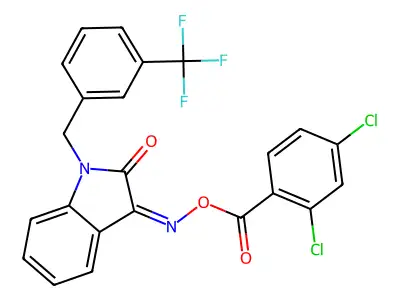 [[2-oxo-1-[[3-(trifluoromethyl)phenyl]methyl]indol-3-ylidene]amino] 2,4-dichlorobenzoate structure