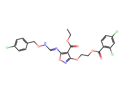 ethyl 5-[({[(4-chlorobenzyl)oxy]imino}methyl)amino]-3-{2-[(2,4-dichlorobenzoyl)oxy]ethoxy}-4-isoxazolecarboxylate structure