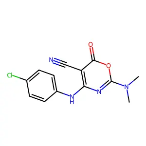 4-(4-chloroanilino)-2-(dimethylamino)-6-oxo-6H-1,3-oxazine-5-carbonitrile structure