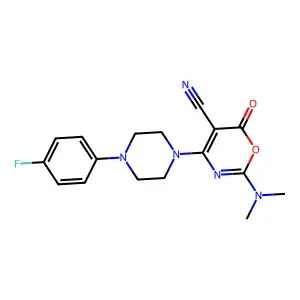 2-(dimethylamino)-4-[4-(4-fluorophenyl)piperazino]-6-oxo-6H-1,3-oxazine-5-carbonitrile structure