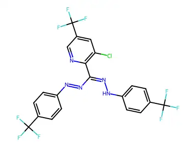 [3-chloro-5-(trifluoromethyl)-2-pyridinyl]{2-[4-(trifluoromethyl)phenyl]diazenyl}methanone N-[4-(trifluoromethyl)phenyl]hydrazone structure