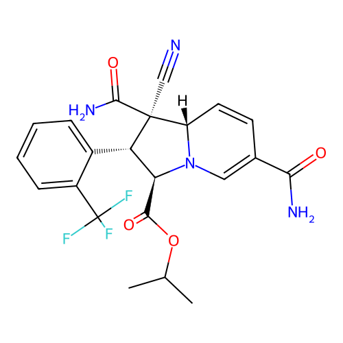 (1R,2R,3R,8aS)-isopropyl 1,6-dicarbamoyl-1-cyano-2-(2-(trifluoromethyl)phenyl)-1,2,3,8a-tetrahydroindolizine-3-carboxylate structure