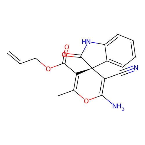 (R)-allyl 2'-amino-3'-cyano-6'-methyl-2-oxospiro[indoline-3,4'-pyran]-5'-carboxylate structure