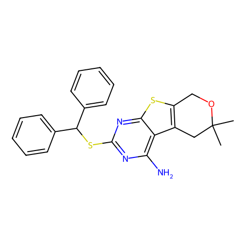 2-(benzhydrylthio)-6,6-dimethyl-6,8-dihydro-5H-pyrano[4',3':4,5]thieno[2,3-d]pyrimidin-4-amine structure