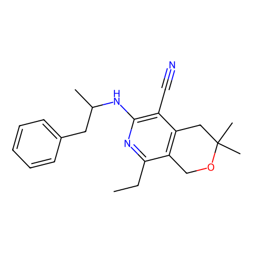 8-ethyl-3,3-dimethyl-6-((1-phenylpropan-2-yl)amino)-3,4-dihydro-1H-pyrano[3,4-c]pyridine-5-carbonitrile structure