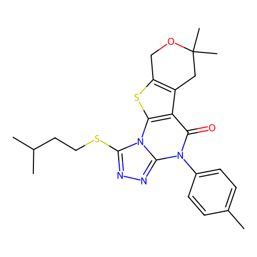 1-(isopentylthio)-7,7-dimethyl-4-(p-tolyl)-6,7-dihydro-4H-pyrano[4',3':4,5]thieno[3,2-e][1,2,4]triazolo[4,3-a]pyrimidin-5(9H)-one structure