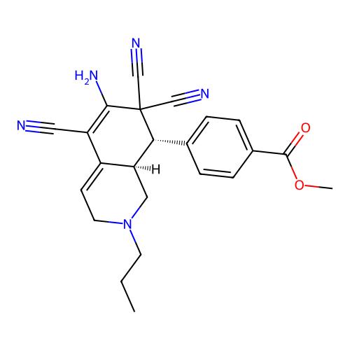 methyl 4-((8S,8aR)-6-amino-5,7,7-tricyano-2-propyl-1,2,3,7,8,8a-hexahydroisoquinolin-8-yl)benzoate structure