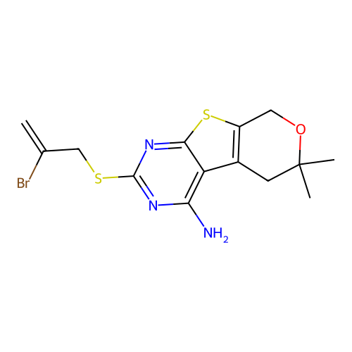 2-((2-bromoallyl)thio)-6,6-dimethyl-6,8-dihydro-5H-pyrano[4',3':4,5]thieno[2,3-d]pyrimidin-4-amine structure