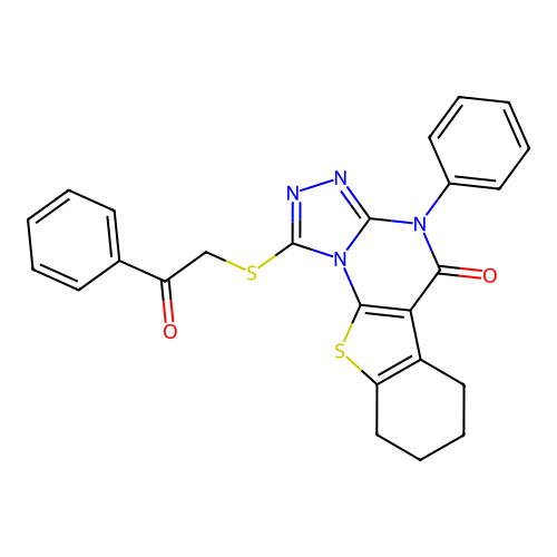 1-[(2-oxo-2-phenylethyl)sulfanyl]-4-phenyl-6,7,8,9-tetrahydro[1]benzothieno[3,2-e][1,2,4]triazolo[4,3-a]pyrimidin-5(4H)-one structure
