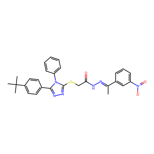 2-{[5-(4-tert-butylphenyl)-4-phenyl-4H-1,2,4-triazol-3-yl]sulfanyl}-N'-[(1E)-1-(3-nitrophenyl)ethylidene]acetohydrazide structure