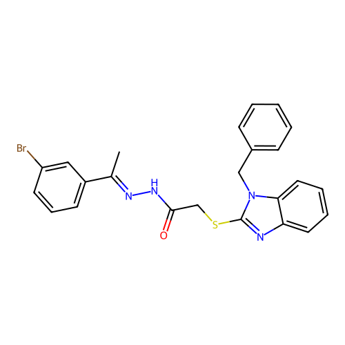 2-[(1-benzyl-1H-benzimidazol-2-yl)sulfanyl]-N'-[(1E)-1-(3-bromophenyl)ethylidene]acetohydrazide structure