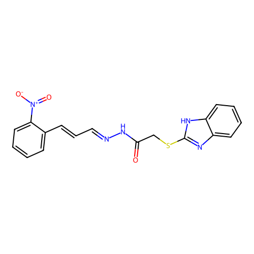 (E)-2-((1H-benzo[d]imidazol-2-yl)thio)-N'-((E)-3-(2-nitrophenyl)allylidene)acetohydrazide structure
