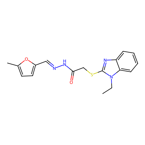 2-[(1-ethyl-1H-benzimidazol-2-yl)sulfanyl]-N'-[(E)-(5-methylfuran-2-yl)methylidene]acetohydrazide structure