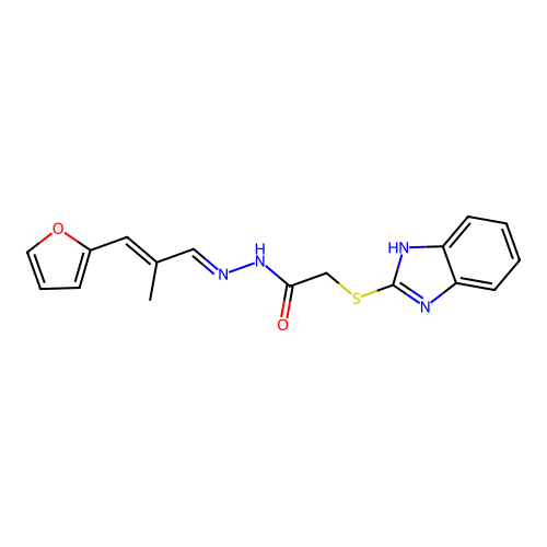 N-((1E,3E)-4-(2-furyl)-3-methyl-1-azabuta-1,3-dienyl)-2-benzimidazol-2-ylthioa cetamide structure
