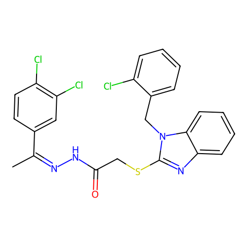 (Z)-2-((1-(2-chlorobenzyl)-1H-benzo[d]imidazol-2-yl)thio)-N'-(1-(3,4-dichlorophenyl)ethylidene)acetohydrazide structure