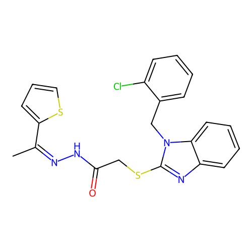(Z)-2-((1-(2-chlorobenzyl)-1H-benzo[d]imidazol-2-yl)thio)-N'-(1-(thiophen-2-yl)ethylidene)acetohydrazide structure