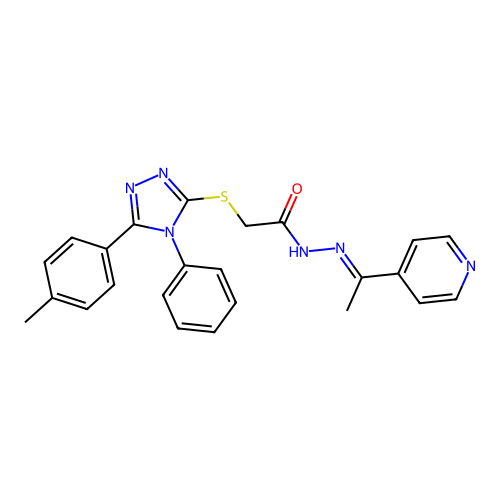(E)-2-((4-phenyl-5-(p-tolyl)-4H-1,2,4-triazol-3-yl)thio)-N'-(1-(pyridin-4-yl)ethylidene)acetohydrazide structure