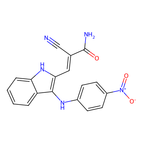 (2E)-2-cyano-3-{3-[(4-nitrophenyl)amino]-1H-indol-2-yl}prop-2-enamide structure