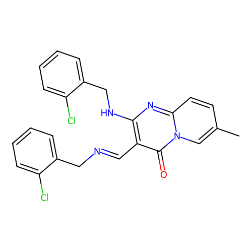 (E)-2-((2-chlorobenzyl)amino)-3-(((2-chlorobenzyl)imino)methyl)-7-methyl-4H-pyrido[1,2-a]pyrimidin-4-one structure
