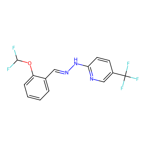 (E)-2-(2-(2-(difluoromethoxy)benzylidene)hydrazinyl)-5-(trifluoromethyl)pyridine structure