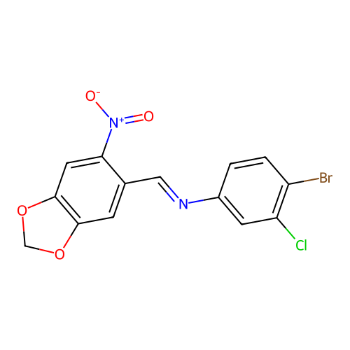 4-bromo-3-chloro-N-[(E)-(6-nitro-1,3-benzodioxol-5-yl)methylidene]aniline structure