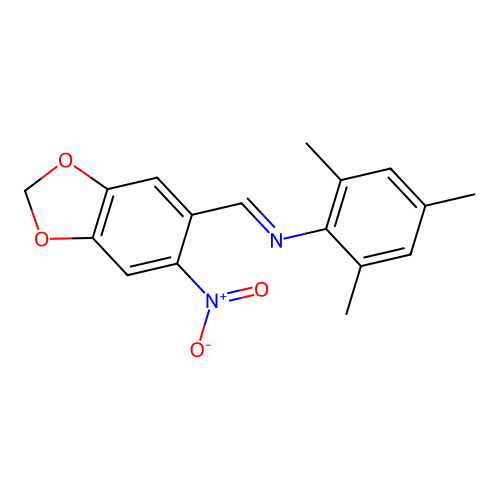 2,4,6-trimethyl-N-[(6-nitro-1,3-benzodioxol-5-yl)methylene]aniline structure