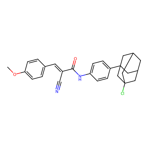 N-[4-(3-chloroadamantan-1-yl)phenyl]-2-cyano-3-(4-methoxyphenyl)prop-2-enamide structure