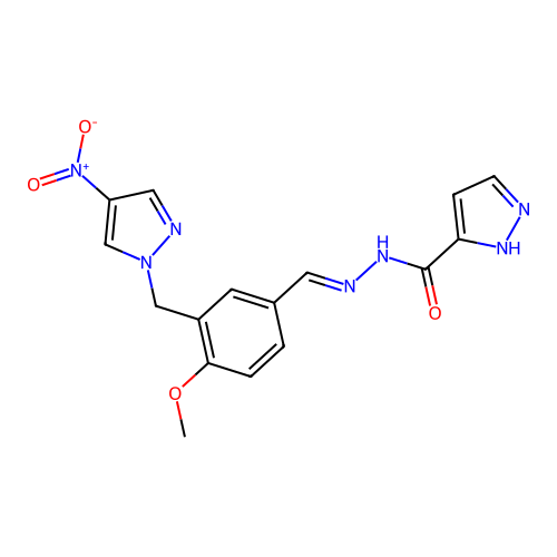 (E)-N'-(4-methoxy-3-((4-nitro-1H-pyrazol-1-yl)methyl)benzylidene)-1H-pyrazole-3-carbohydrazide structure