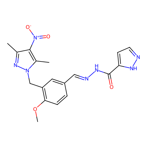 (E)-N'-(3-((3,5-dimethyl-4-nitro-1H-pyrazol-1-yl)methyl)-4-methoxybenzylidene)-1H-pyrazole-3-carbohydrazide structure