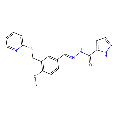 (E)-N'-(4-methoxy-3-((pyridin-2-ylthio)methyl)benzylidene)-1H-pyrazole-3-carbohydrazide structure