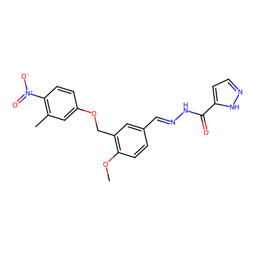 N'-(4-methoxy-3-((3-methyl-4-nitrophenoxy)methyl)benzylidene)-1H-pyrazole-3-carbohydrazide structure