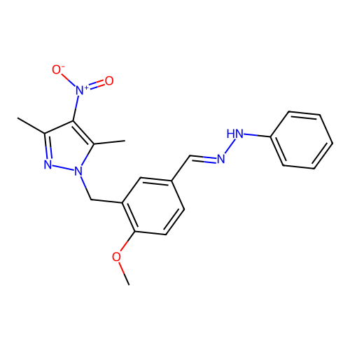 (E)-1-(2-methoxy-5-((2-phenylhydrazono)methyl)benzyl)-3,5-dimethyl-4-nitro-1H-pyrazole structure