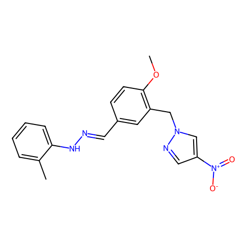 1-(2-methoxy-5-((2-(o-tolyl)hydrazono)methyl)benzyl)-4-nitro-1H-pyrazole structure