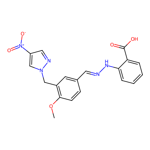 2-[(2E)-2-{4-methoxy-3-[(4-nitro-1H-pyrazol-1-yl)methyl]benzylidene}hydrazinyl]benzoic acid structure